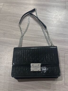 Karl Lagerfeld Black Patent Eiffel Tower Embossed Chain Shoulder Bag